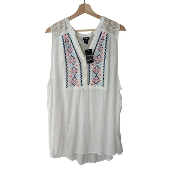 NWT Torrid Womens Embroidered V Neck White Top Sleeveless Tunic 1/4 Button Up 3X - Picture 1 of 9